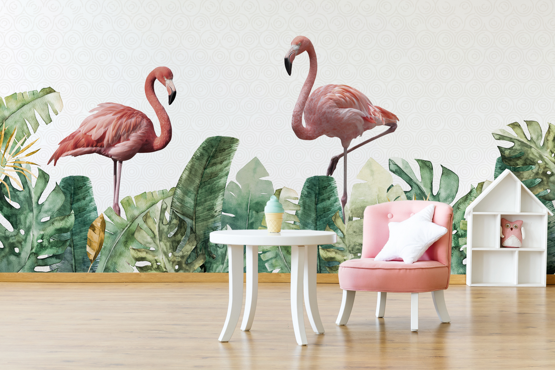 Flamingo and leaves wallcovering